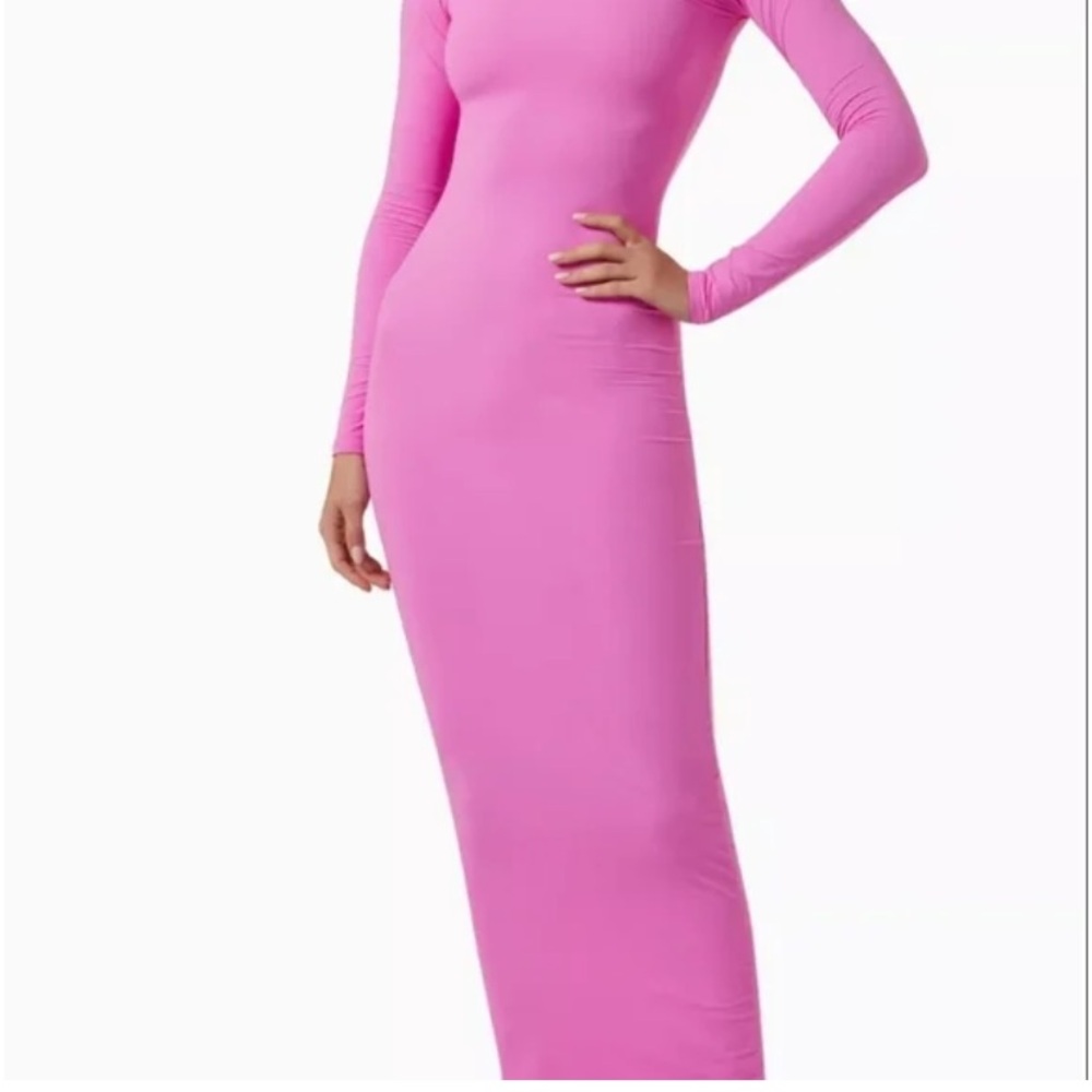 SKIMS Fits Everybody Long Sleeve Crew Neck Maxi Dress, Neon Orchid Pink, Size L - Picture 2 of 14